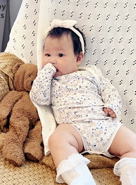 Chubby Cheeks春新款新生儿纯棉女宝长袖ins连体衣爬服三角哈衣