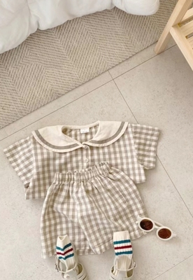 2026夏装新款男女童薄棉短袖+短裤两件套透气海军领薄棉套装宝宝