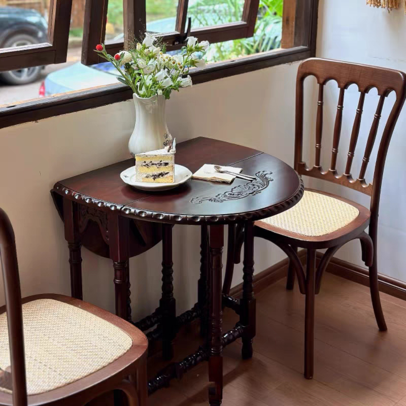 花瓣折叠桌全实木椭圆形餐桌咖啡桌复古雕花小户型家用可调节桌子