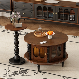 法式复古中古风茶几圆形茶几全实木小户型客厅沙发电视柜茶台边几