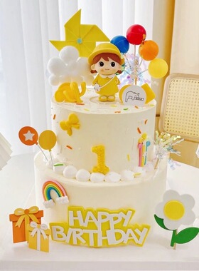 可爱卡通雨衣女孩蛋糕装饰黄色衣服背包男孩上学生日卡通可爱摆件