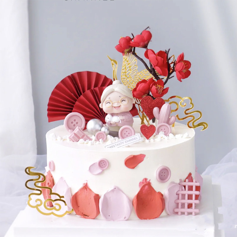 慈祥老爷爷老奶奶摆件拿茶杯抱猫咪老人寿星生日金婚蛋糕装饰插件