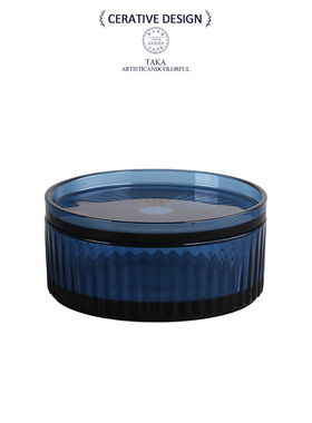 现代简约蓝色玻璃果盘零食糖果带盖储物罐果篓条纹客厅家用收纳盒