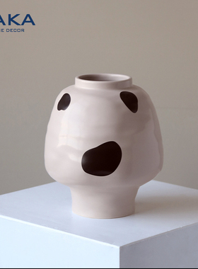 创意花瓶简约黑白圆点灰色陶罐花器样板房软装售楼民宿摆件陶瓷