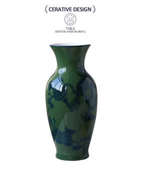 新中式意式东方古董陶瓷花瓶绿色印花撞色中古高级感家居装饰摆件