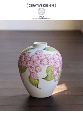 景德镇手绘花卉陶瓷花瓶白色圆形家居粉色花卉装饰品高级感摆件