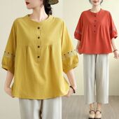 胖妈妈大码 女春夏中老年衫 女装 民族风棉麻上衣女开扣圆领宽松衬衫