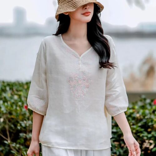 文艺复古V领绣花棉麻衬衫衬衣女T恤休闲宽松套头小衫显瘦高端上衣
