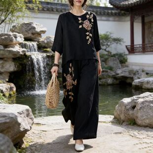 夏季 刺绣套头轻薄阔腿上衣裤 显套装 两件两件套潮 棉麻复古麻料衬衫