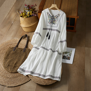 白色长袖连衣裙子女装夏季2025新款短裙民族风旅行草原西北度假风