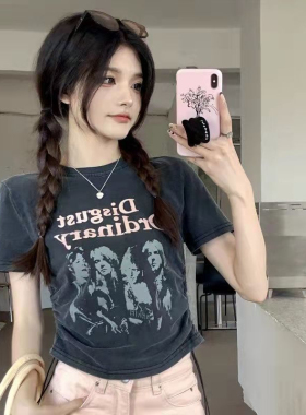 美式复古短款高腰短袖t恤女夏季黑色正肩潮牌半袖甜辣修身上衣女