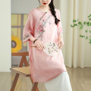 新中式苎麻斜襟立领衬衫女夏新款国风刺绣气质优雅改良旗袍上衣服