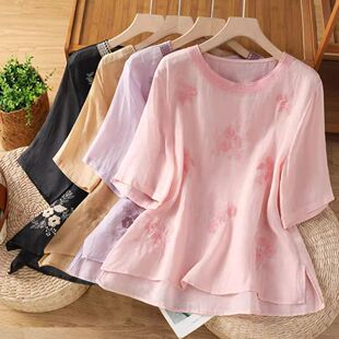 小衫 中式 轻薄凉感圆领套头五分袖 女夏季 棉麻上衣 贴布苎麻绣花衬衫