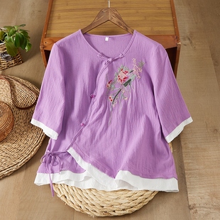 v领衬衫 棉麻刺绣上衣夏季 苎麻棉麻唐装 复古盘扣小衫 女 中国风女装