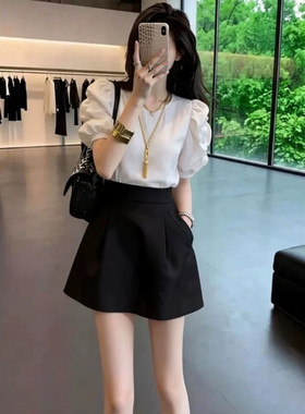 小香风杏色新款衬衫套装裙夏