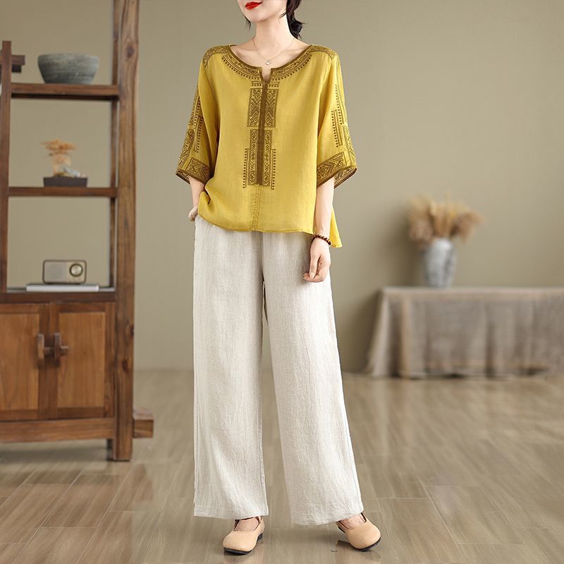 棉麻七分袖T恤女夏季2025新款妈妈高端洋气宽松苎麻亚麻短袖上衣