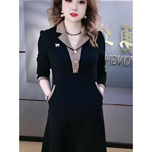 气质西装领短袖连衣裙女夏天新款洋气高端精致妈妈百搭黑色裙子潮