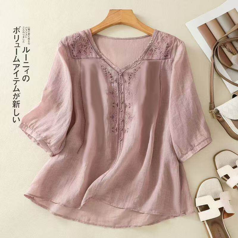 刺绣棉麻小衫v领轻薄亚麻衬衫