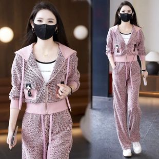 小香风时尚休闲运动服套装女士2025春季新款连帽外套阔腿裤两件套