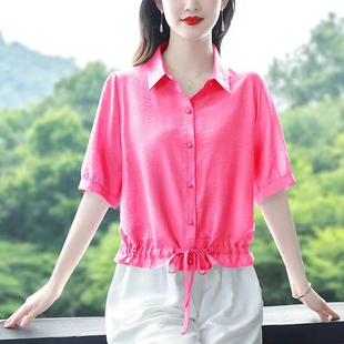 亚麻上衣女高端棉麻衬衫小个子短款掐腰小衫抽绳苎麻2025夏季新款