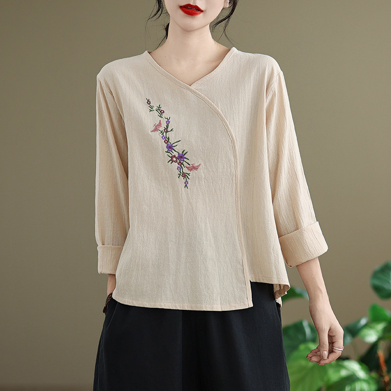 春秋新款棉麻短袖衬衫民族风刺绣V领宽松显瘦亚麻长袖T恤百搭上衣
