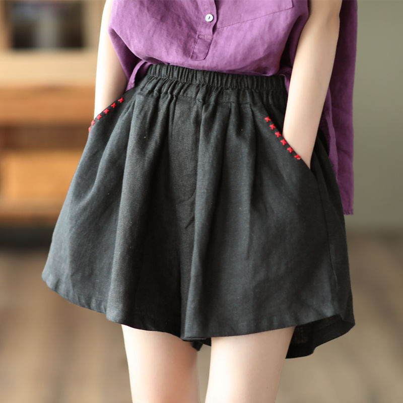 亚麻阔腿短裤女士2026夏季新款复古休闲宽松大码松紧腰薄款五分裤