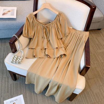 胖妹妹夏新款雪纺衬衫阔腿裤