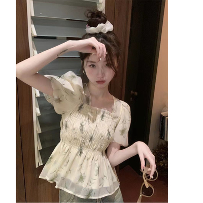 雪纺方领衬衫女春秋2025新款大码胖mm设计感小众显瘦法式短款上衣