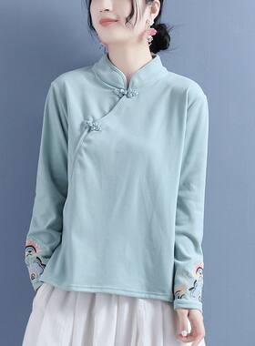双面德绒加厚打底衫女秋冬新款刺绣立领盘扣上衣中国风茶服衬衫女