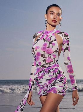 Printed off-the-shoulder slit pleated dress  露肩开叉褶皱裙