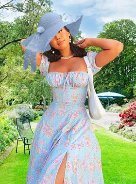 Hot Selling Floral Slim Slit Suspender Dress  碎花开叉吊带裙