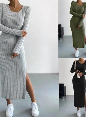 Solid color crewneck slit knitted maxi dress圆领开叉针织长裙