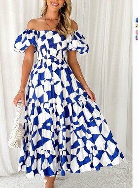 Puff sleeve dress with a boat neck print tuft 印花泡泡袖女裙