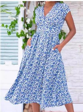 Stylish printed pocket bohemian V-neck dress 印花口袋V领女裙