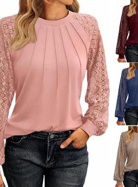 Solid lace paneled crew neck pleated top蕾丝拼接圆领百褶上衣