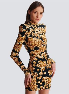 Vintage printed long-sleeved slim dress  印花长袖修身连衣裙