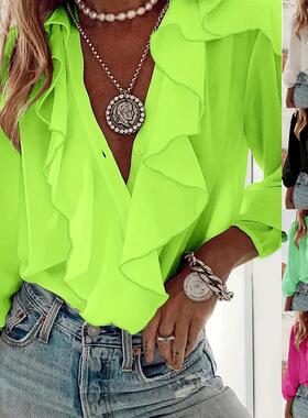 Hot selling V-neck long sleeve ruffled shirt  长袖荷叶边衬衫