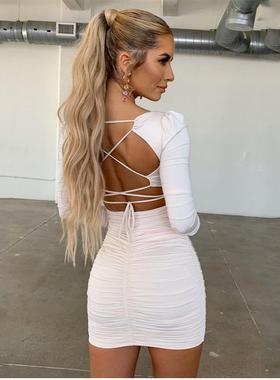 Pleated backless lace-up hip-hugging dress褶皱露背系带包臀裙