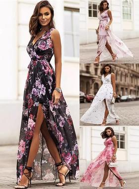 Hot Selling Chiffon Print Strappy Slit Dress雪纺印花绑带女裙