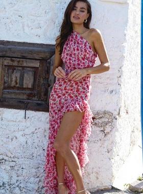 Hot selling slanted neckline ruffled dress  斜领荷叶边连衣裙