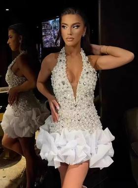 Rhinestone bead white halterneck dress水钻钉珠白色挂脖连衣裙