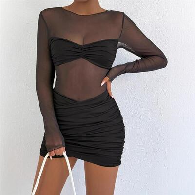 Stylish long-sleeved mesh panelled skirt 时尚长袖网纱拼接裙