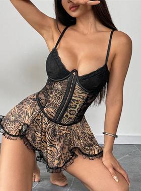 Leopard print lace breasted slip dress  豹纹拼蕾丝排扣吊带裙