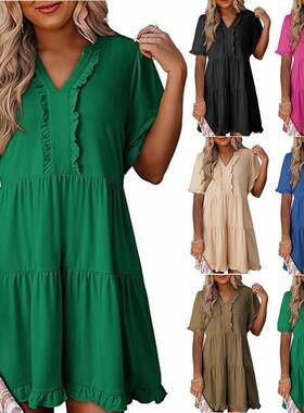 V-neck casual A-line fungus pocket dress休闲木耳边口袋连衣裙