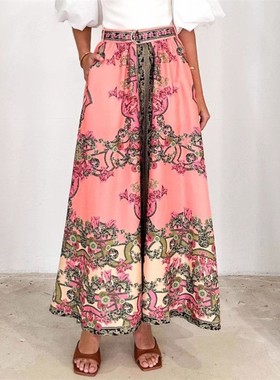 Ethnic style casual printed midi skirt民族风休闲时尚印花半裙