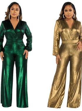 Sexy V-neck balloon sleeve foil jumpsuit V领灯笼袖烫金连体裤