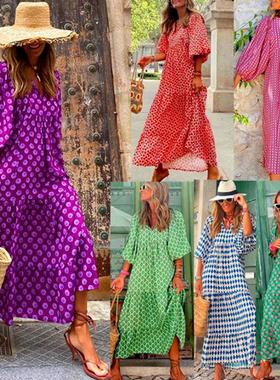 Geometric collage puff sleeve maxi dress几何拼贴泡泡袖连衣裙