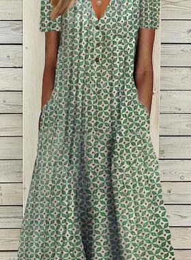 Sexy printed V-neck long big swing dress 印花V领长款大摆女裙