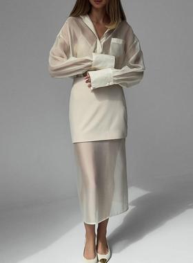 Mesh collar shirt and skirt two-piece set 翻领衬衫半身裙套装