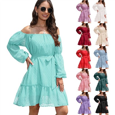 One-shoulder hairball chiffon belt dress一字肩雪纺腰带连衣裙